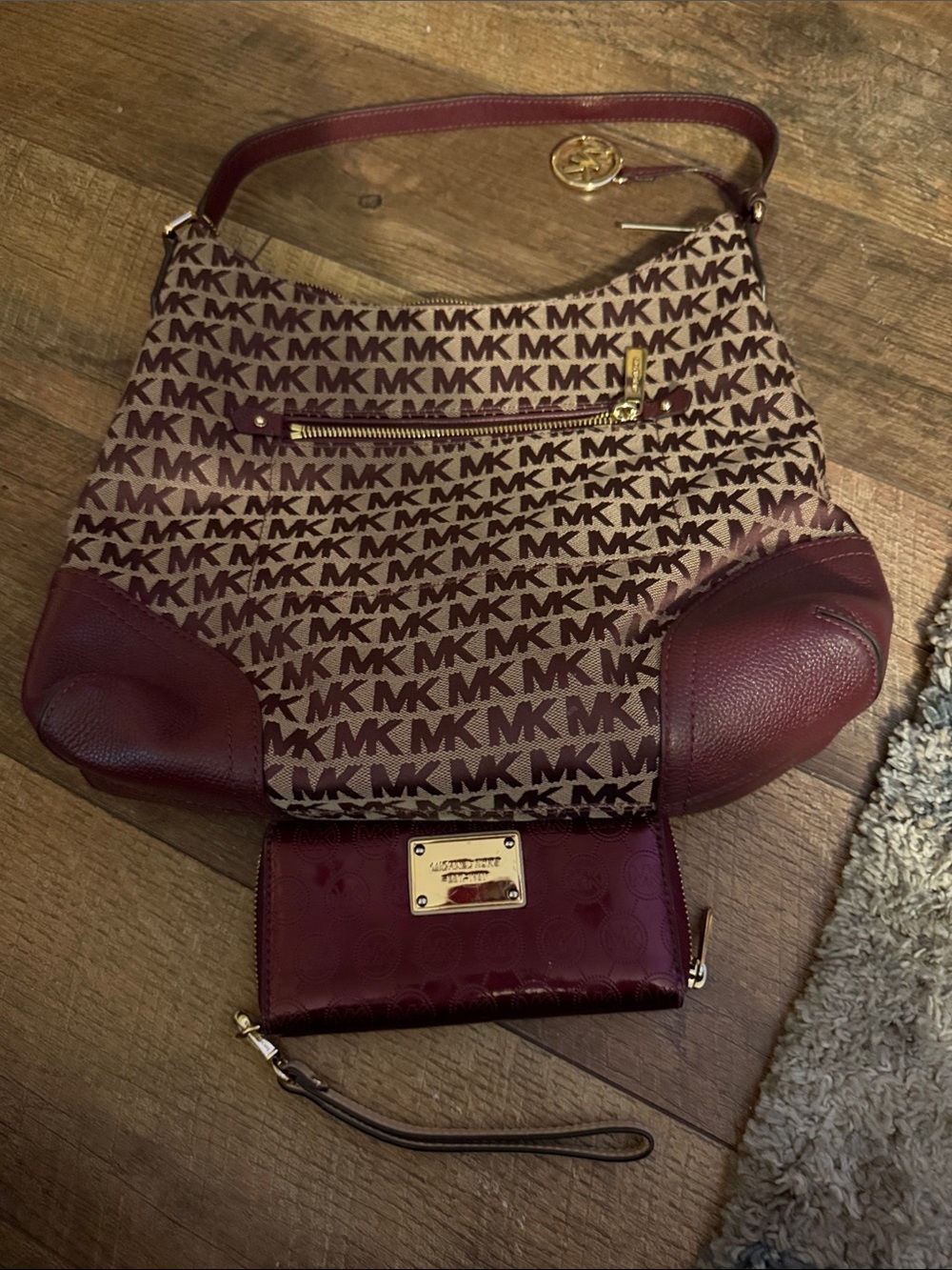 Michael Kors Burgundy and Brown Signature Hobo Bag